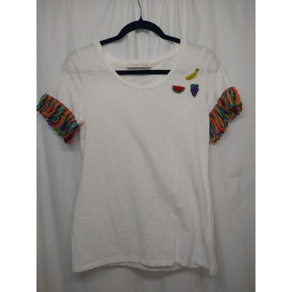 OUI Size 6 White T-shirt Colorful Fringe Short Sleeve Beaded Fruit